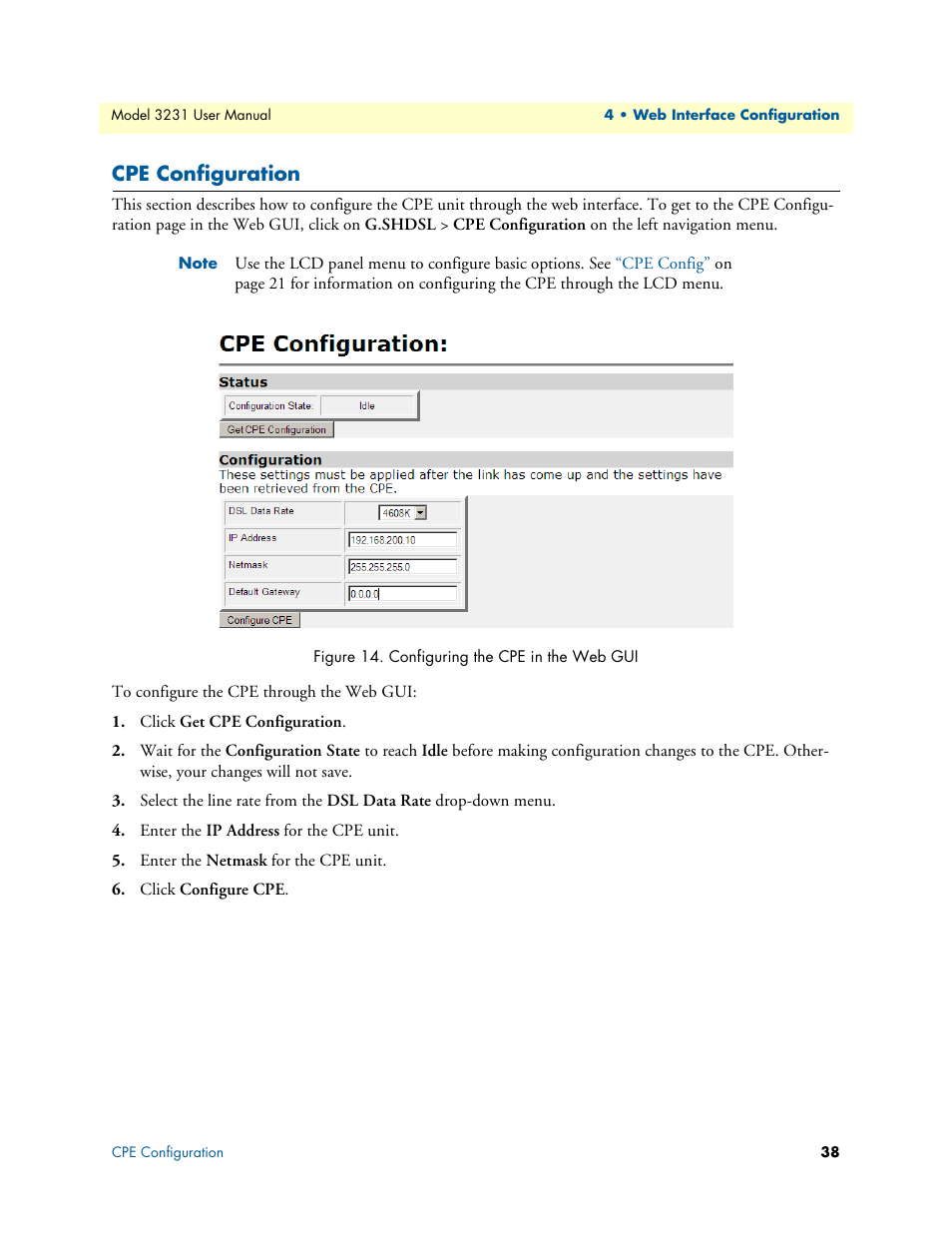Cpe configuration, Configuring the cpe in the web gui | Patton electronic 3231 User Manual | Page 38 / 58