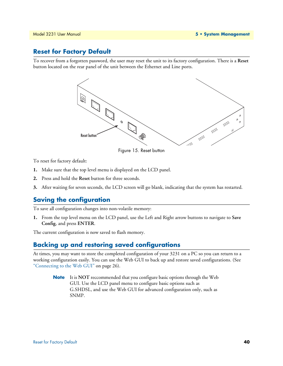 Reset for factory default, Saving the configuration, Backing up and restoring saved configurations | Reset button | Patton electronic 3231 User Manual | Page 40 / 58