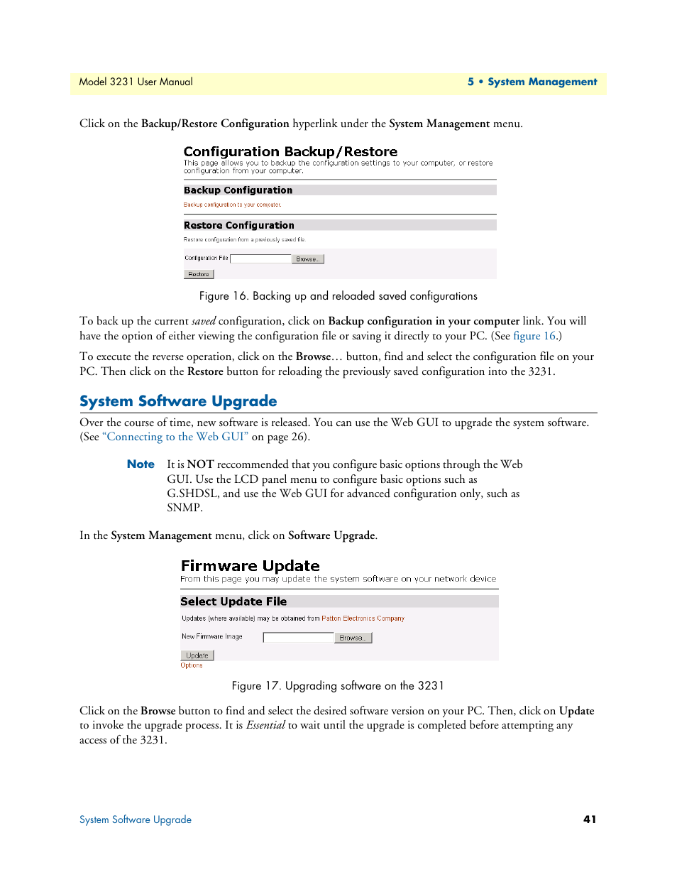 System software upgrade, Backing up and reloaded saved configurations, Upgrading software on the 3231 | Patton electronic 3231 User Manual | Page 41 / 58