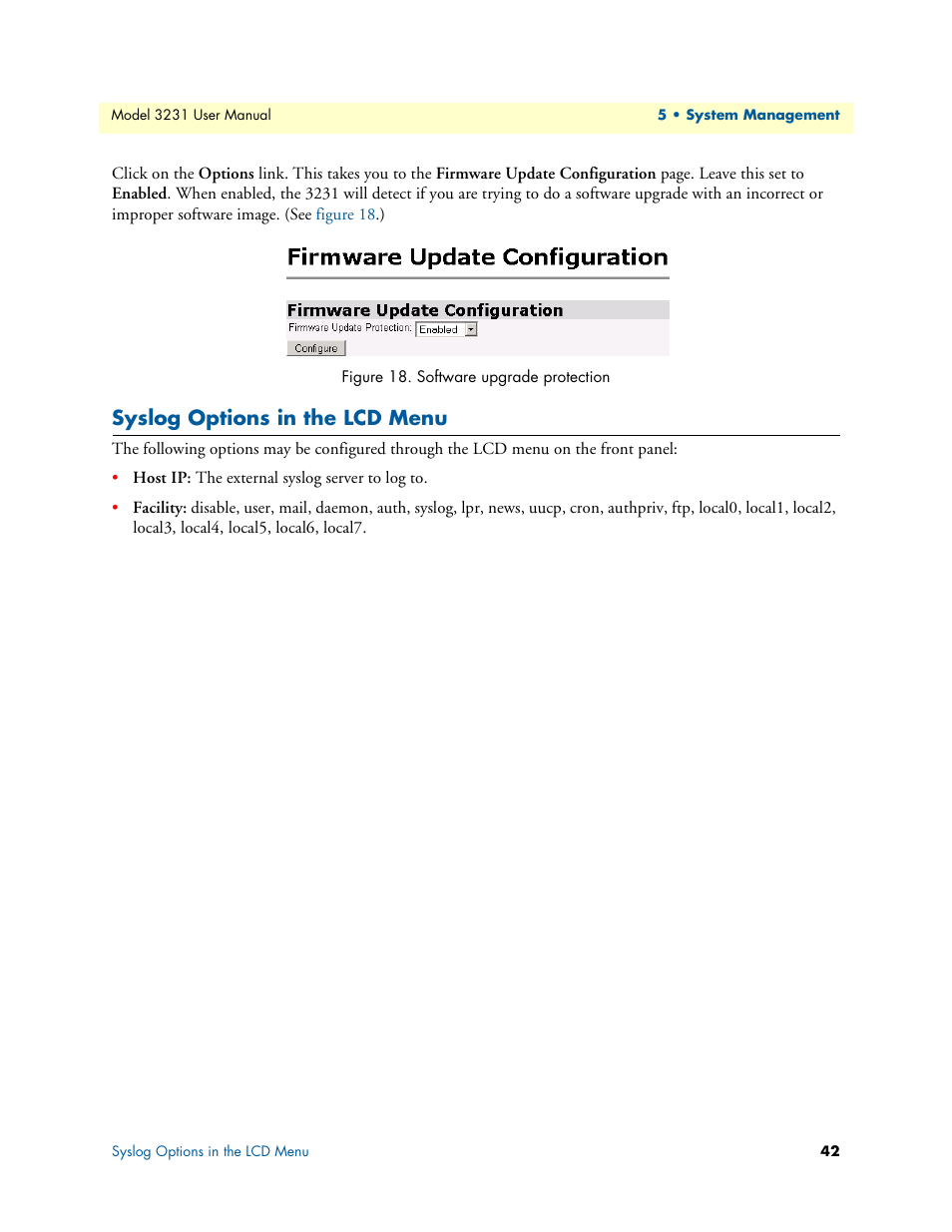 Syslog options in the lcd menu, Software upgrade protection | Patton electronic 3231 User Manual | Page 42 / 58