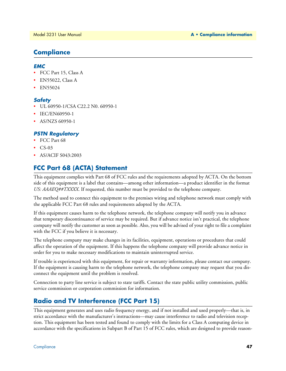 Compliance, Safety, Pstn regulatory | Fcc part 68 (acta) statement, Radio and tv interference (fcc part 15) | Patton electronic 3231 User Manual | Page 47 / 58