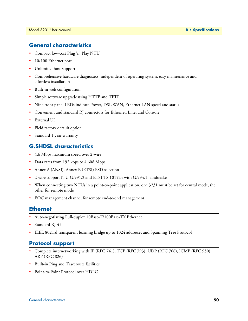 General characteristics, G.shdsl characteristics, Ethernet | Protocol support | Patton electronic 3231 User Manual | Page 50 / 58