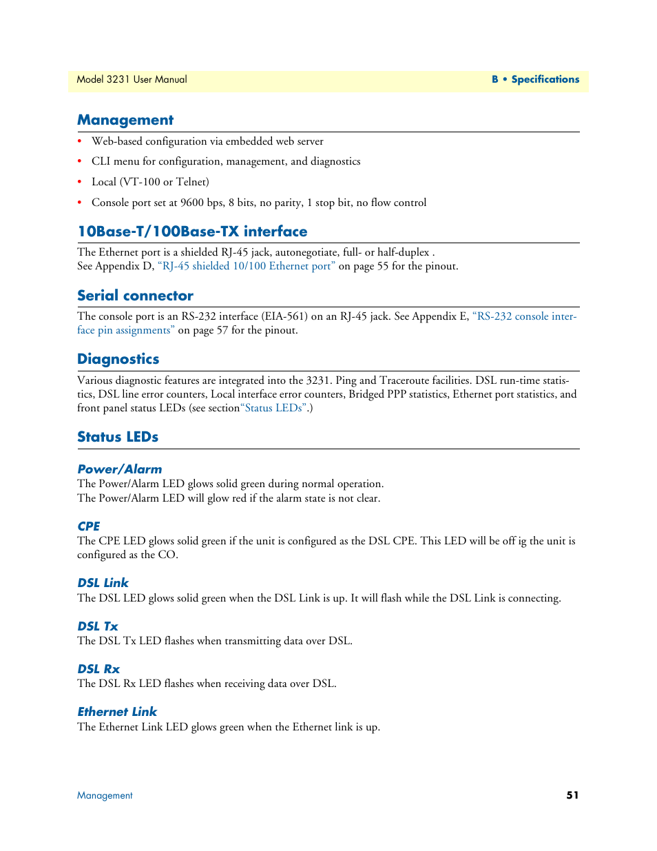 Management, 10base-t/100base-tx interface, Serial connector | Diagnostics, Status leds, Power/alarm, Dsl link, Dsl tx, Dsl rx, Ethernet link | Patton electronic 3231 User Manual | Page 51 / 58