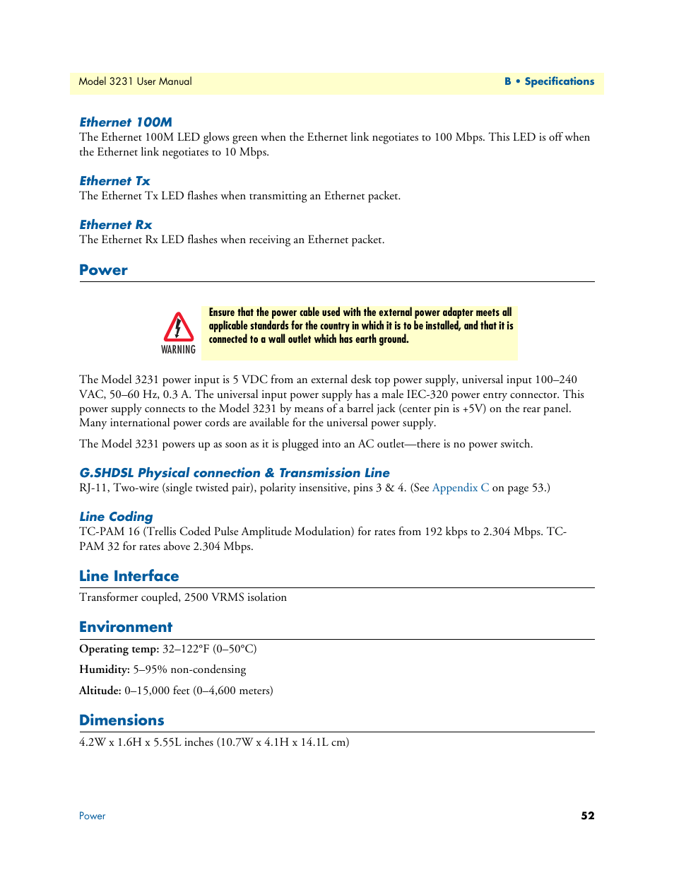 Ethernet 100m, Ethernet tx, Ethernet rx | Power, G.shdsl physical connection & transmission line, Line coding, Line interface, Environment, Dimensions | Patton electronic 3231 User Manual | Page 52 / 58