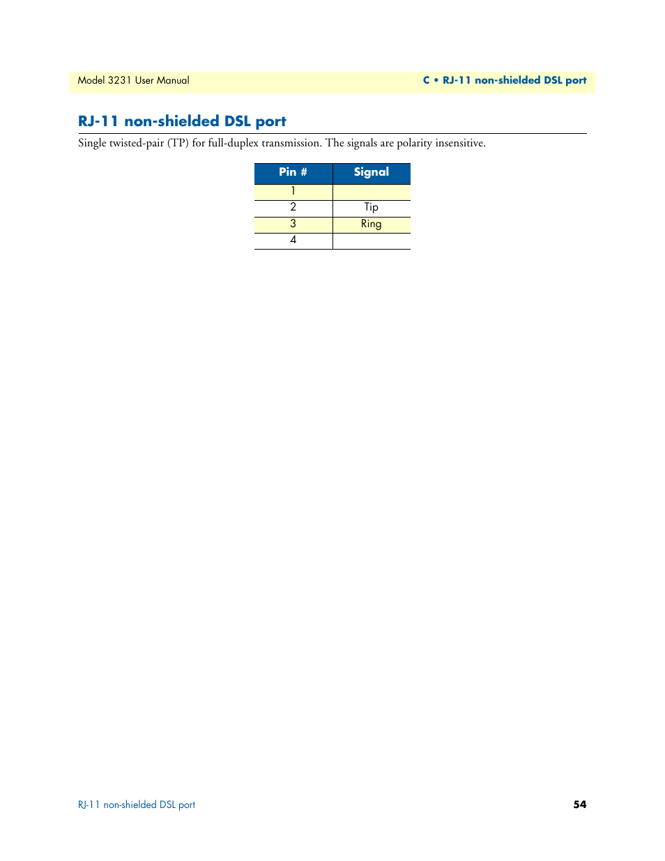 Rj-11 non-shielded dsl port | Patton electronic 3231 User Manual | Page 54 / 58