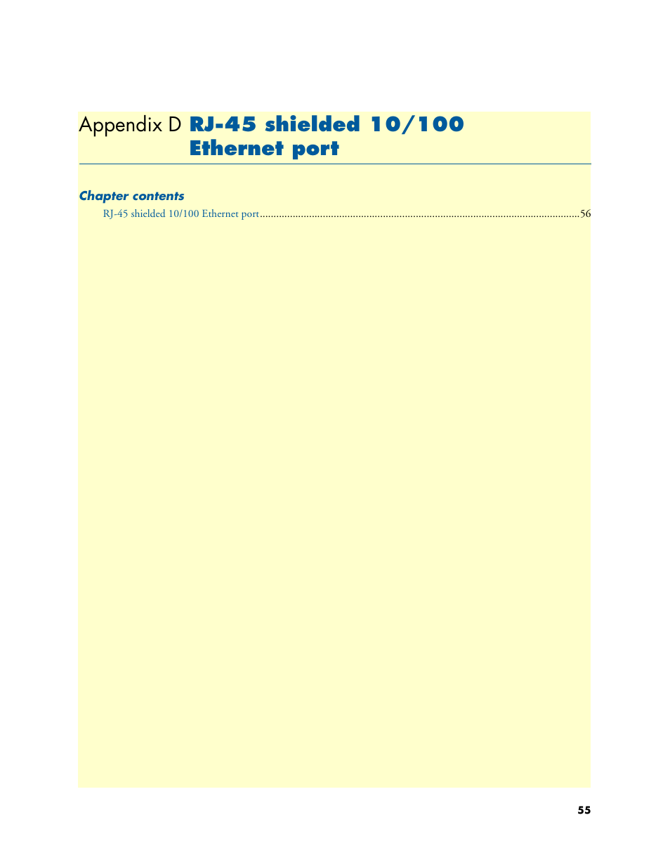 Appendix d rj-45 shielded 10/100 ethernet port, Rj-45 shielded 10/100 ethernet port, Appendix d | Patton electronic 3231 User Manual | Page 55 / 58