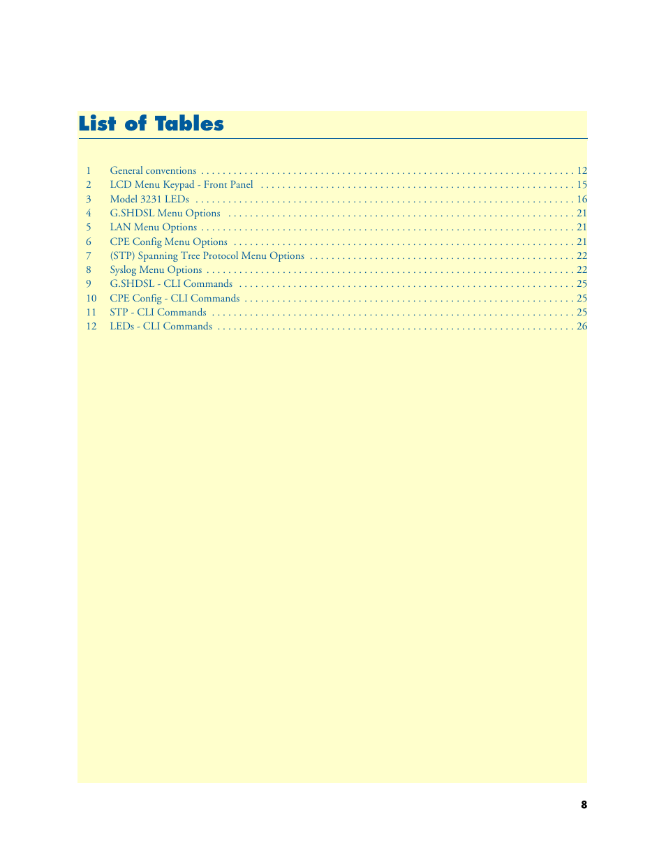 List of tables, Li st of tables | Patton electronic 3231 User Manual | Page 8 / 58