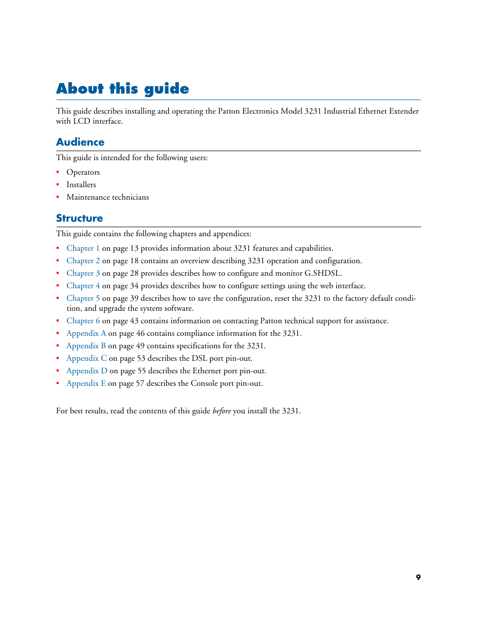 About this guide, Audience, Structure | Patton electronic 3231 User Manual | Page 9 / 58
