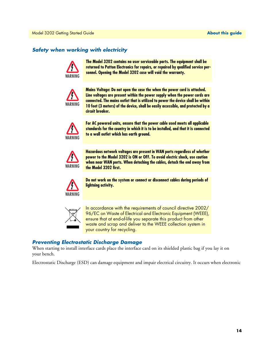 Safety when working with electricity, Preventing electrostatic discharge damage | Patton electronic RocketLink 3202 User Manual | Page 14 / 107
