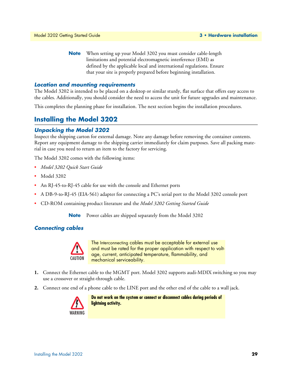 Location and mounting requirements, Installing the model 3202, Unpacking the model 3202 | Connecting cables | Patton electronic RocketLink 3202 User Manual | Page 29 / 107