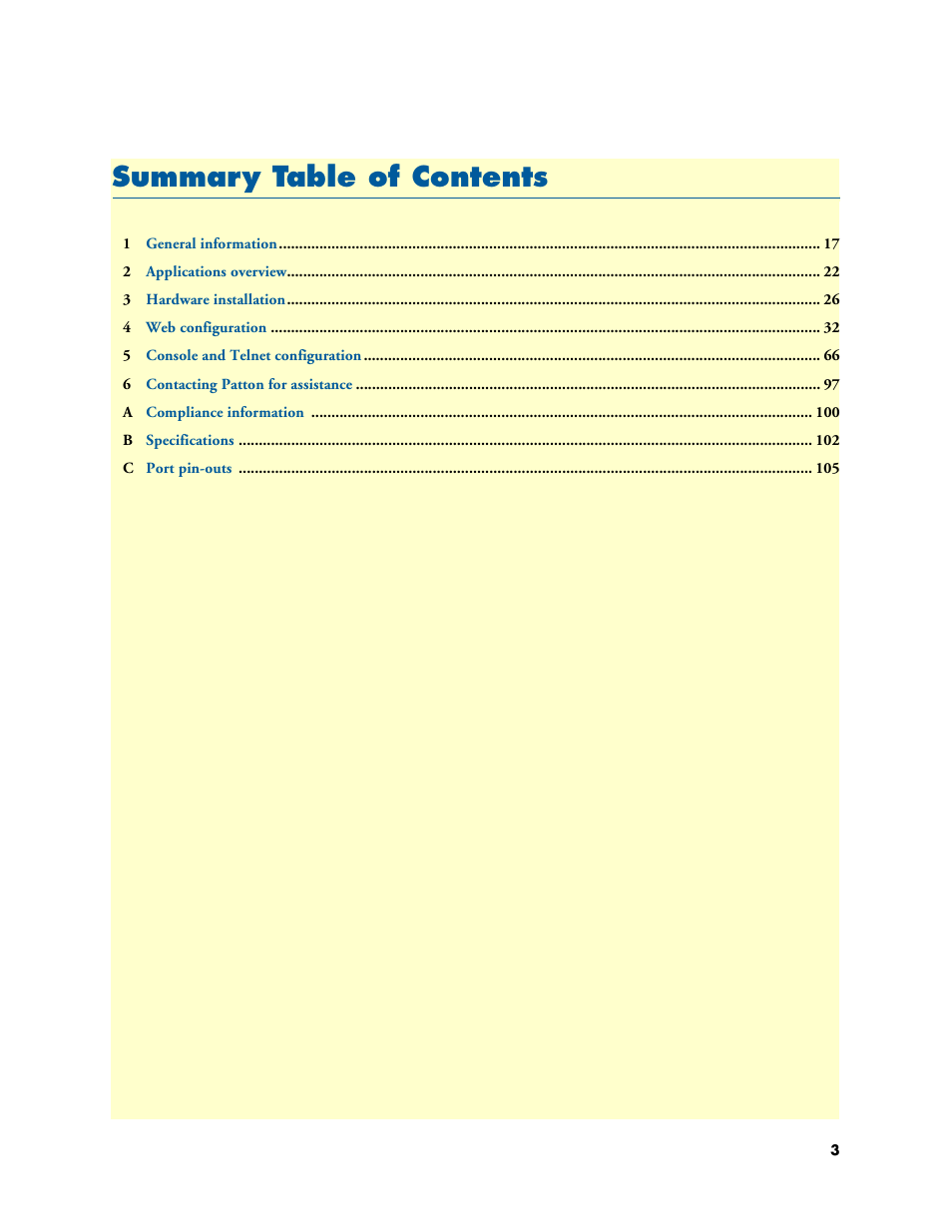 Summary table of contents, Summar y table of contents | Patton electronic RocketLink 3202 User Manual | Page 3 / 107
