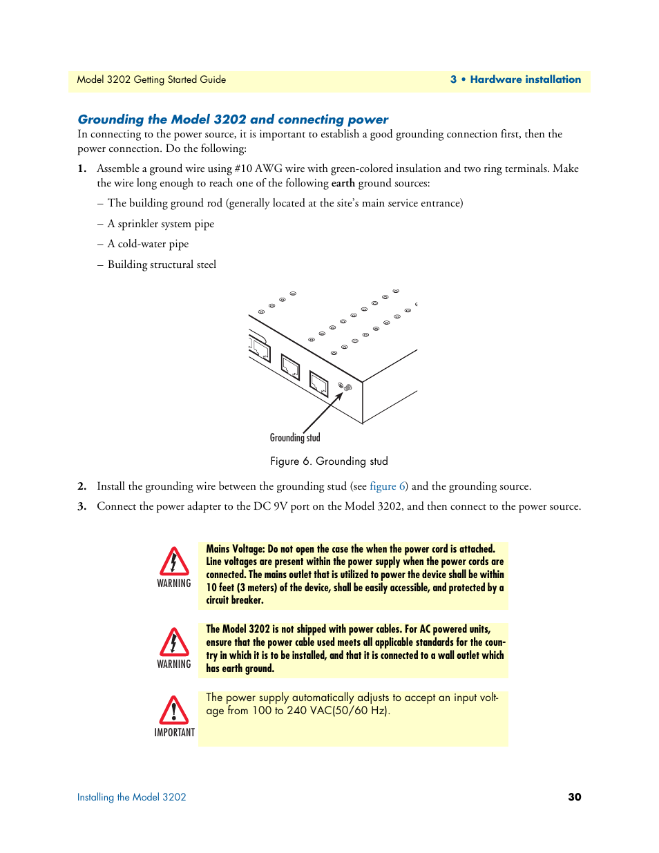 Grounding the model 3202 and connecting power, Grounding stud | Patton electronic RocketLink 3202 User Manual | Page 30 / 107