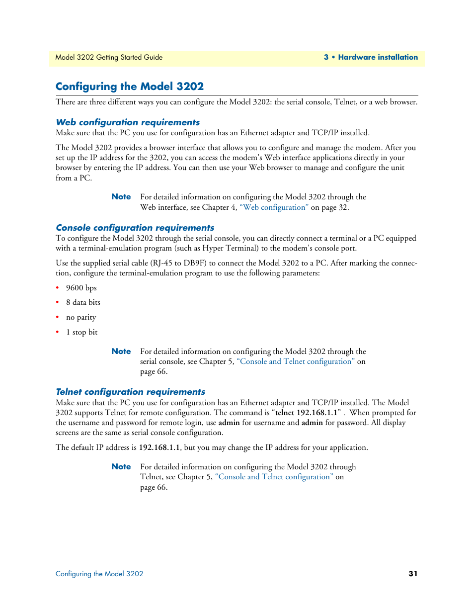 Configuring the model 3202, Web configuration requirements, Console configuration requirements | Telnet configuration requirements | Patton electronic RocketLink 3202 User Manual | Page 31 / 107