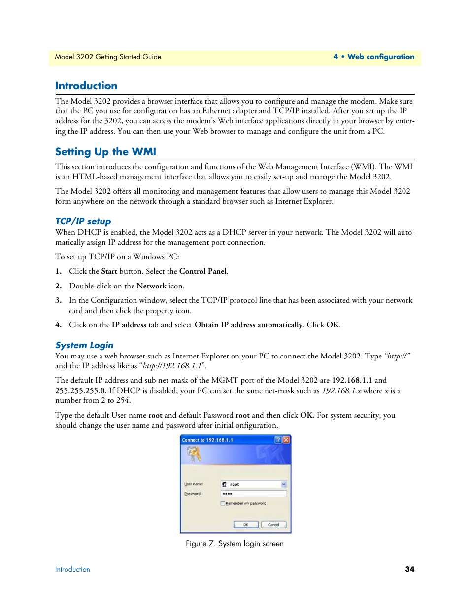 Introduction, Setting up the wmi, Tcp/ip setup | System login, System login screen | Patton electronic RocketLink 3202 User Manual | Page 34 / 107