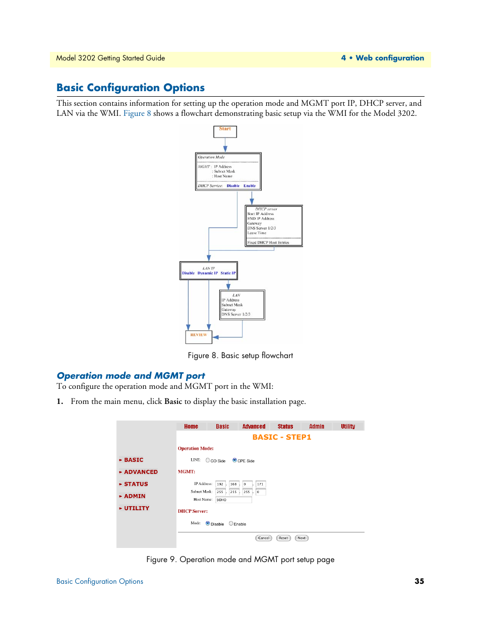Basic configuration options, Operation mode and mgmt port, Basic setup flowchart | Patton electronic RocketLink 3202 User Manual | Page 35 / 107