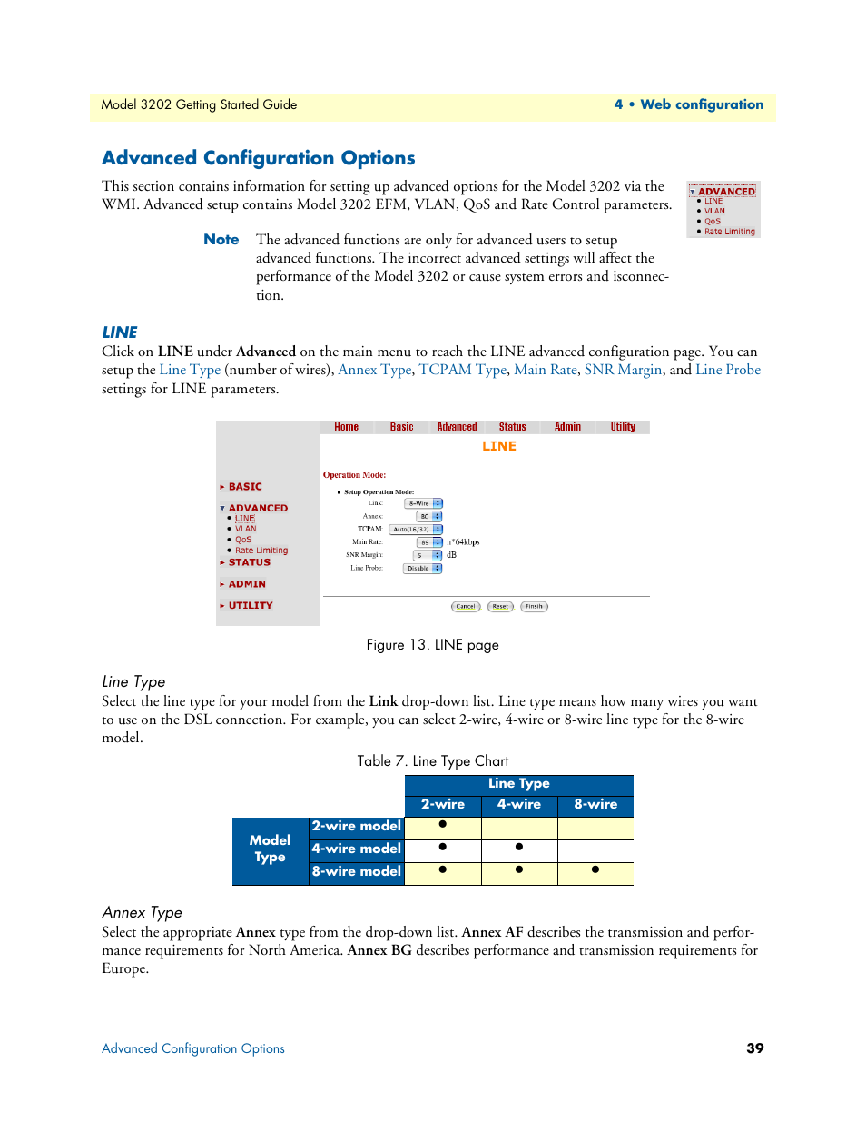 Advanced configuration options, Line, Line type | Annex type, Line type chart | Patton electronic RocketLink 3202 User Manual | Page 39 / 107
