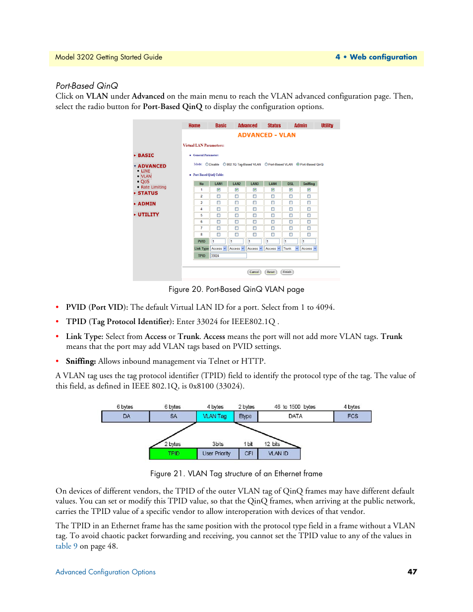 Port-based qinq, Vlan tag structure of an ethernet frame | Patton electronic RocketLink 3202 User Manual | Page 47 / 107
