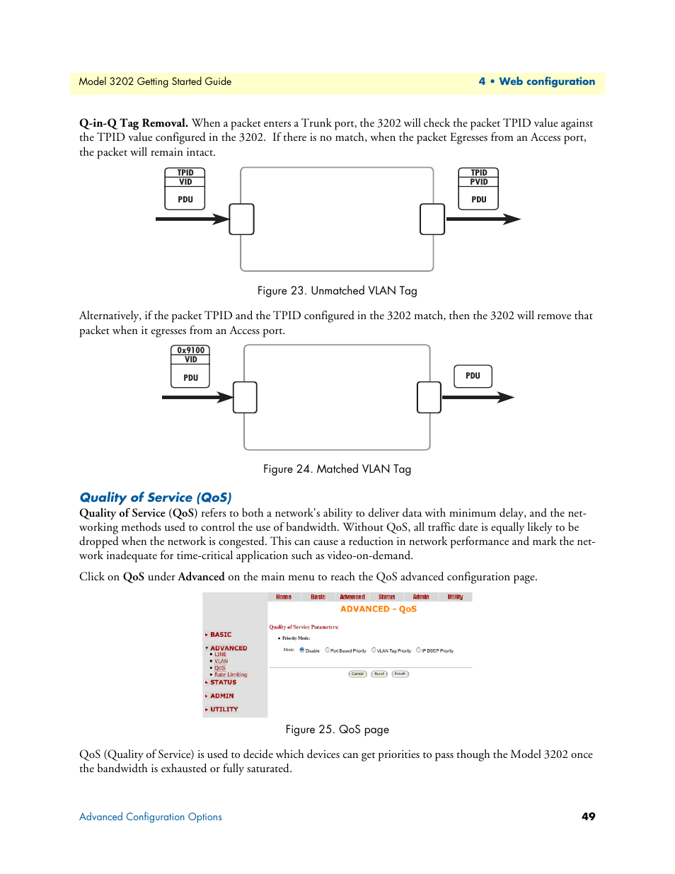 Quality of service (qos), Q-in-q tag removal, Unmatched vlan tag | Matched vlan tag | Patton electronic RocketLink 3202 User Manual | Page 49 / 107