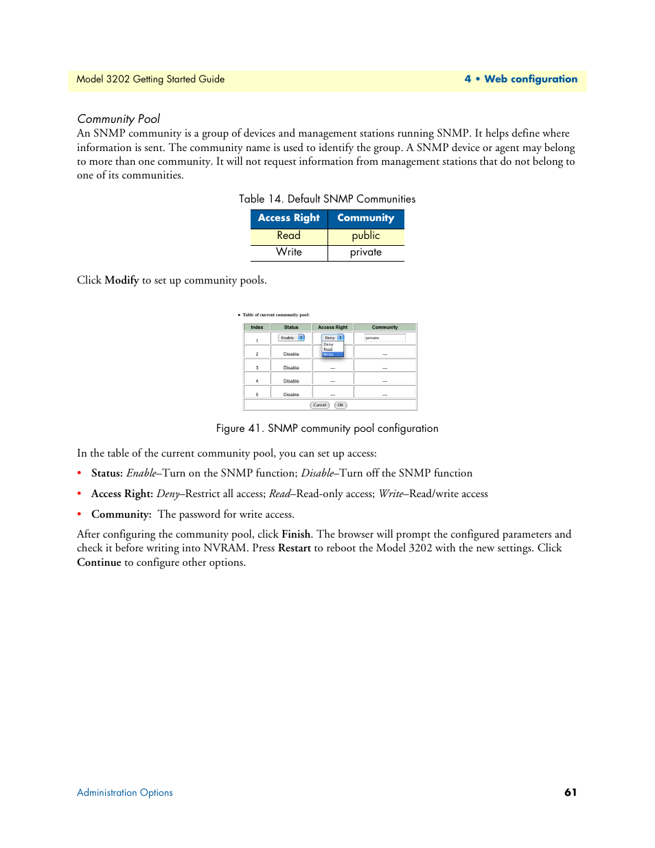 Community pool, Snmp community pool configuration, Default snmp communities | Patton electronic RocketLink 3202 User Manual | Page 61 / 107