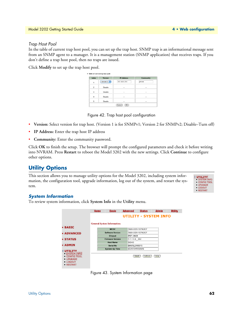 Trap host pool, Utility options, System information | Trap host pool configuration | Patton electronic RocketLink 3202 User Manual | Page 62 / 107