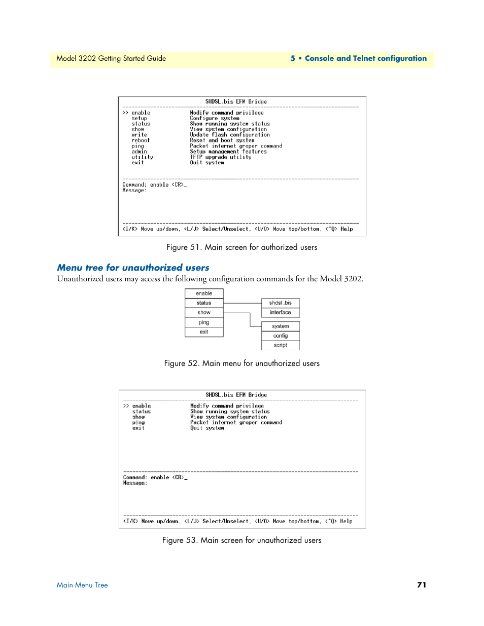 Menu tree for unauthorized users, Main screen for authorized users, Main menu for unauthorized users | Main screen for unauthorized users | Patton electronic RocketLink 3202 User Manual | Page 71 / 107