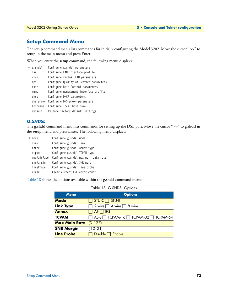 Setup command menu, G.shdsl, G.shdsl options | Patton electronic RocketLink 3202 User Manual | Page 73 / 107