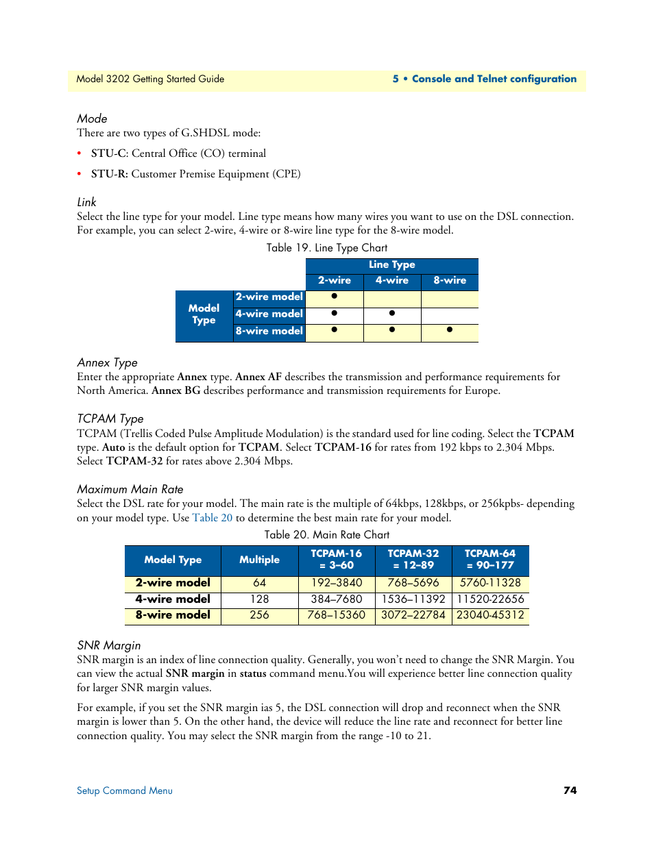 Mode, Link, Annex type | Tcpam type, Maximum main rate, Snr margin, Line type chart, Main rate chart | Patton electronic RocketLink 3202 User Manual | Page 74 / 107