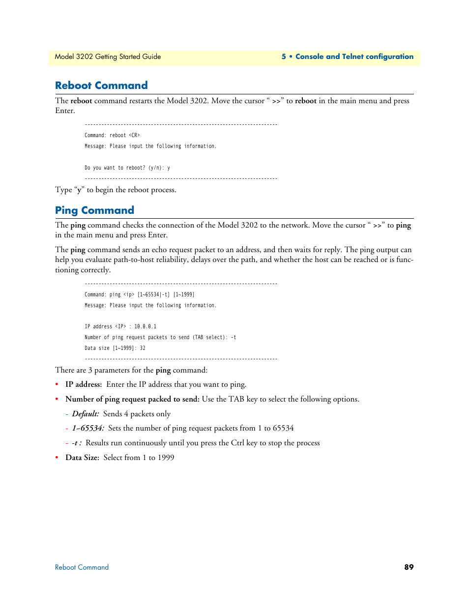 Reboot command, Ping command | Patton electronic RocketLink 3202 User Manual | Page 89 / 107