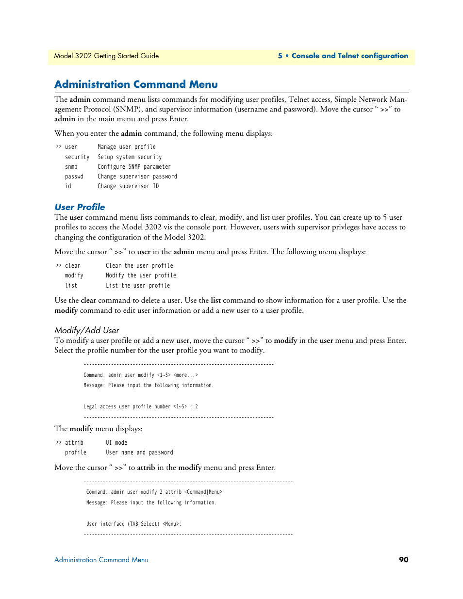 Administration command menu, User profile, Modify/add user | Patton electronic RocketLink 3202 User Manual | Page 90 / 107