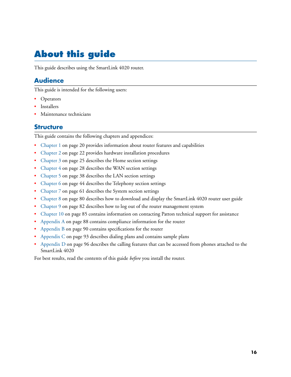 About this guide, Audience, Structure | Patton electronic 4020 Series User Manual | Page 16 / 97