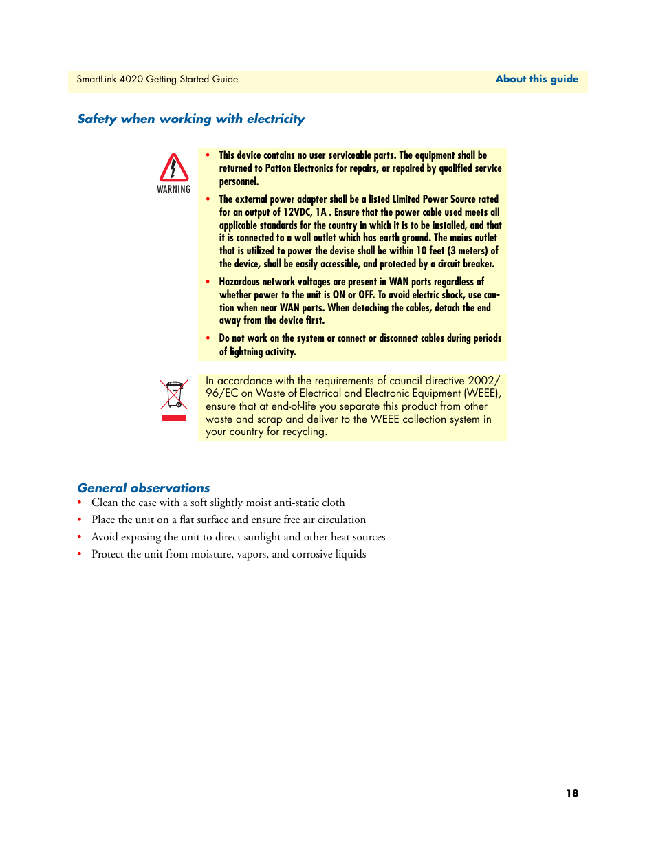 Safety when working with electricity, General observations | Patton electronic 4020 Series User Manual | Page 18 / 97