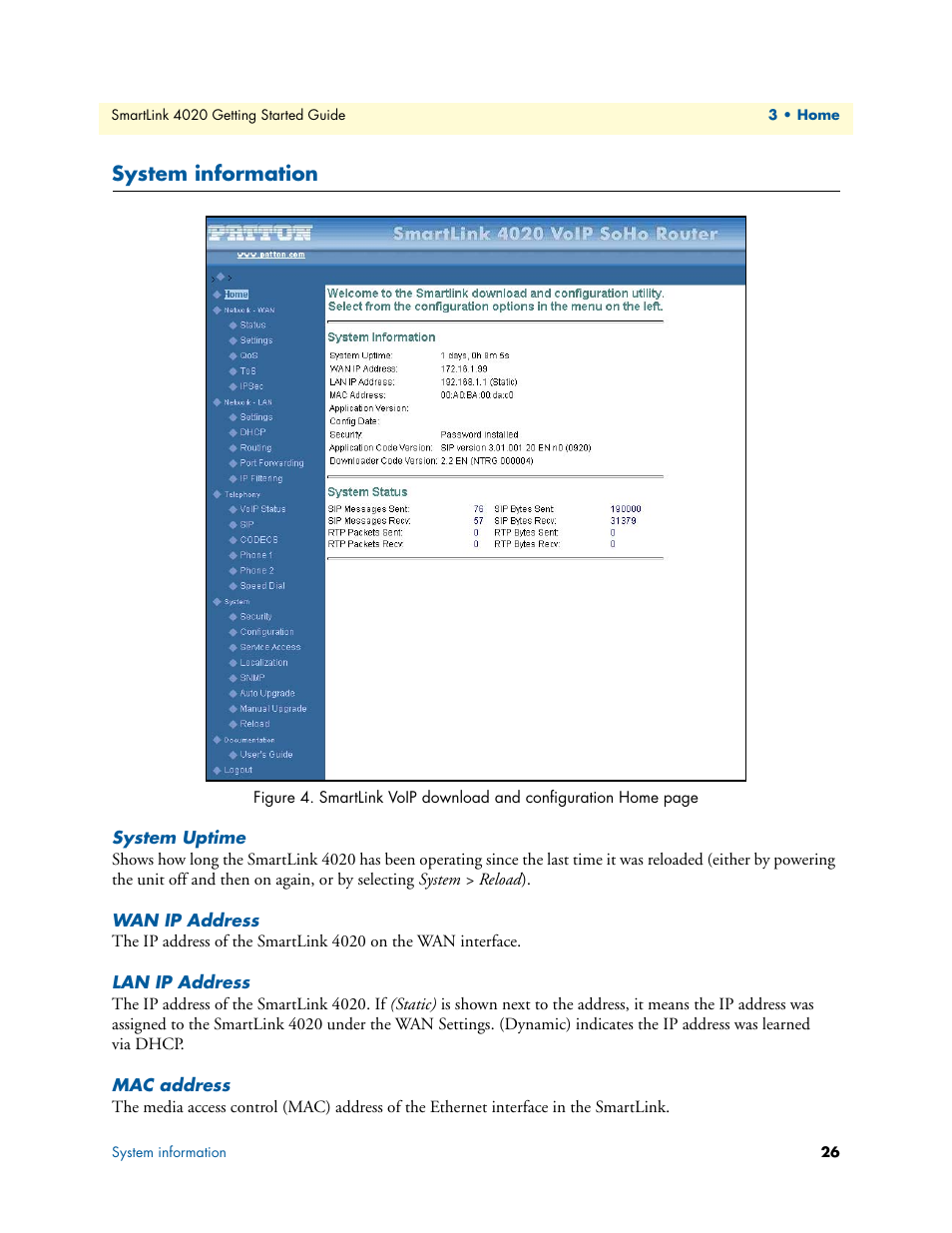 System information, System uptime, Wan ip address | Lan ip address, Mac address | Patton electronic 4020 Series User Manual | Page 26 / 97