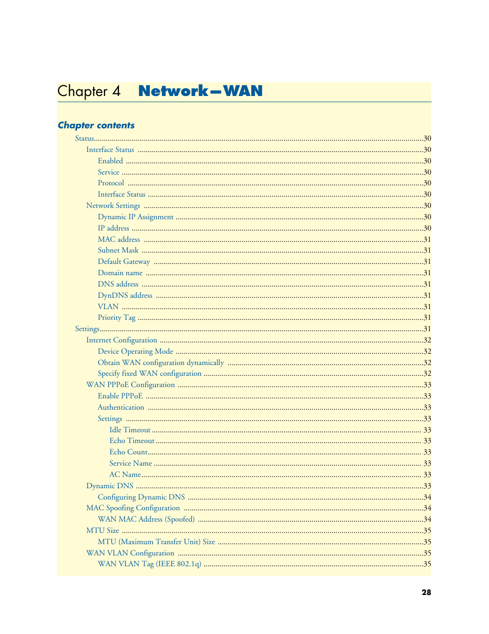 Chapter 4 network—wan, Network—wan, Chapter 4 | Patton electronic 4020 Series User Manual | Page 28 / 97
