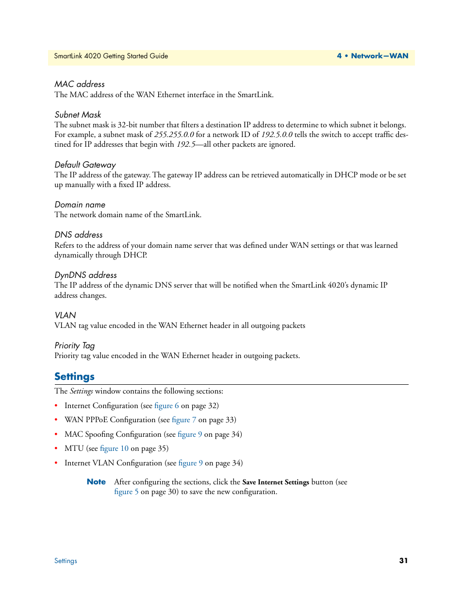 Mac address, Subnet mask, Default gateway | Domain name, Dns address, Dyndns address, Vlan, Priority tag, Settings | Patton electronic 4020 Series User Manual | Page 31 / 97