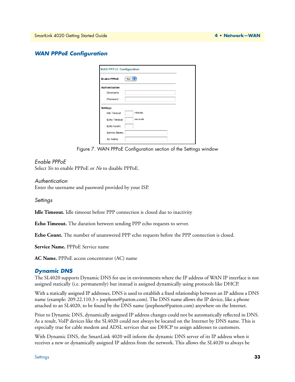 Wan pppoe configuration, Enable pppoe, Authentication | Settings, Dynamic dns, Idle timeout, Echo timeout, Echo count, Service name, Ac name | Patton electronic 4020 Series User Manual | Page 33 / 97