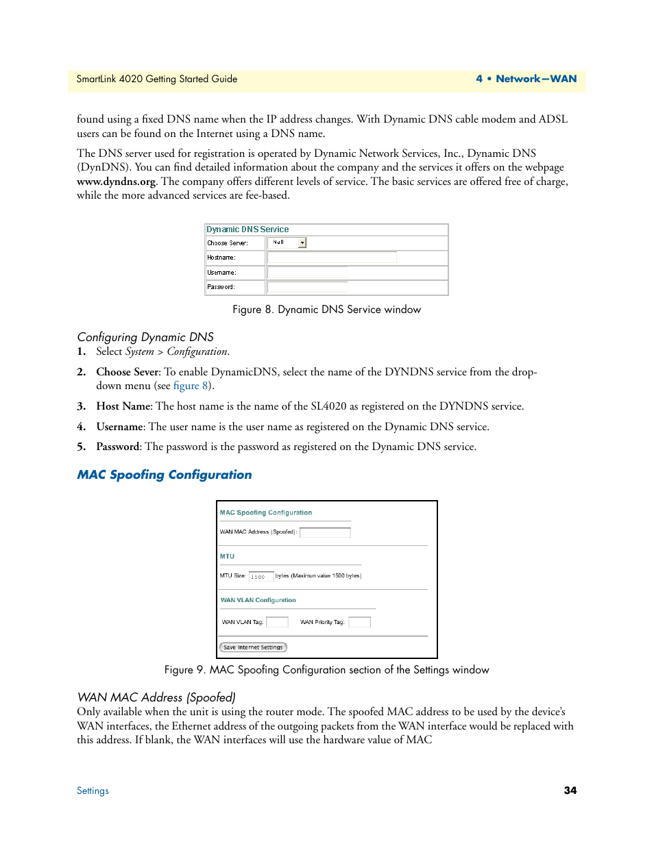 Configuring dynamic dns, Mac spoofing configuration, Wan mac address (spoofed) | Dynamic dns service window, Poofing configuration (see, Figure 9 | Patton electronic 4020 Series User Manual | Page 34 / 97