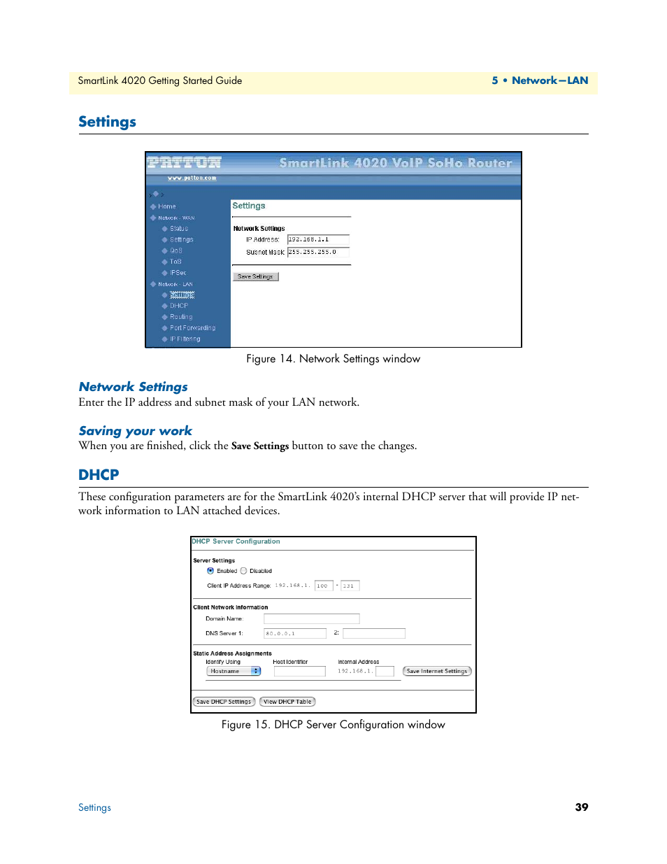 Settings, Network settings, Saving your work | Dhcp, Network settings window, Dhcp server configuration window | Patton electronic 4020 Series User Manual | Page 39 / 97