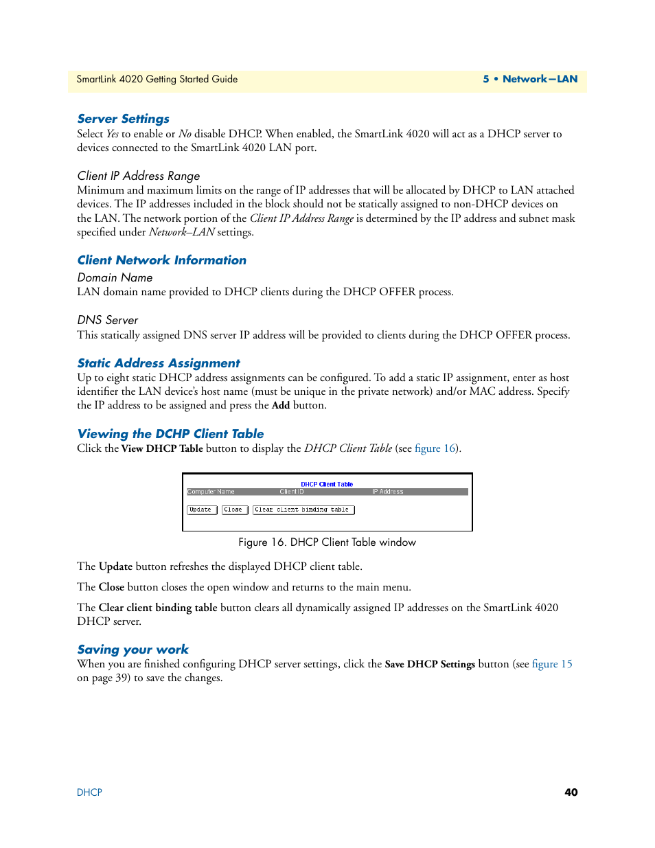 Server settings, Client ip address range, Client network information | Domain name, Dns server, Static address assignment, Viewing the dchp client table, Saving your work, Dhcp client table window | Patton electronic 4020 Series User Manual | Page 40 / 97