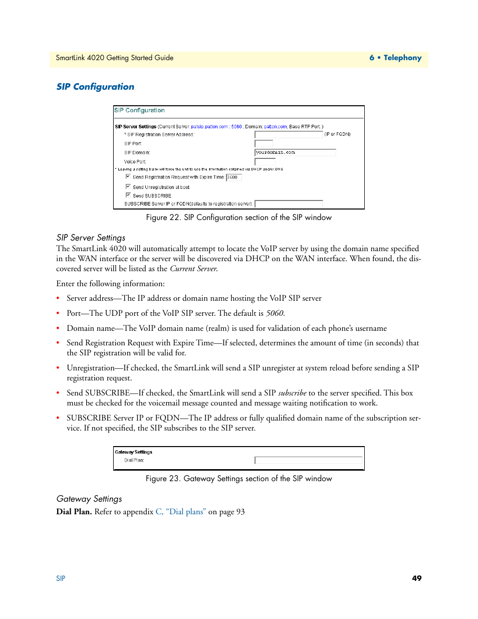 Sip configuration, Sip server settings, Gateway settings | Dial plan, Sip configuration section of the sip window, Gateway settings section of the sip window, Sip configuration (see, Figure 22 | Patton electronic 4020 Series User Manual | Page 49 / 97