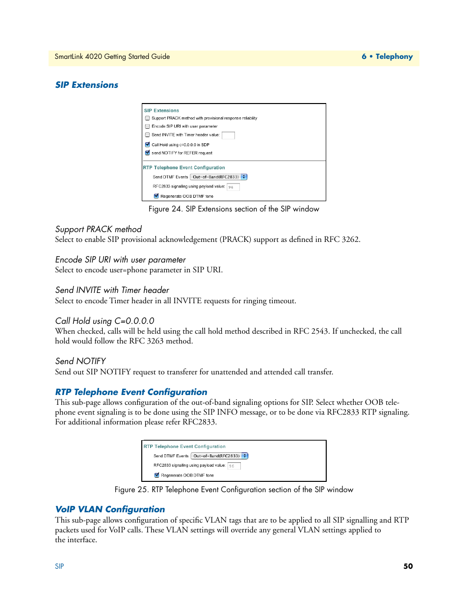 Sip extensions, Support prack method, Encode sip uri with user parameter | Send invite with timer header, Call hold using c=0.0.0.0, Send notify, Rtp telephone event configuration, Voip vlan configuration, Sip extensions section of the sip window, Xtensions (see | Patton electronic 4020 Series User Manual | Page 50 / 97