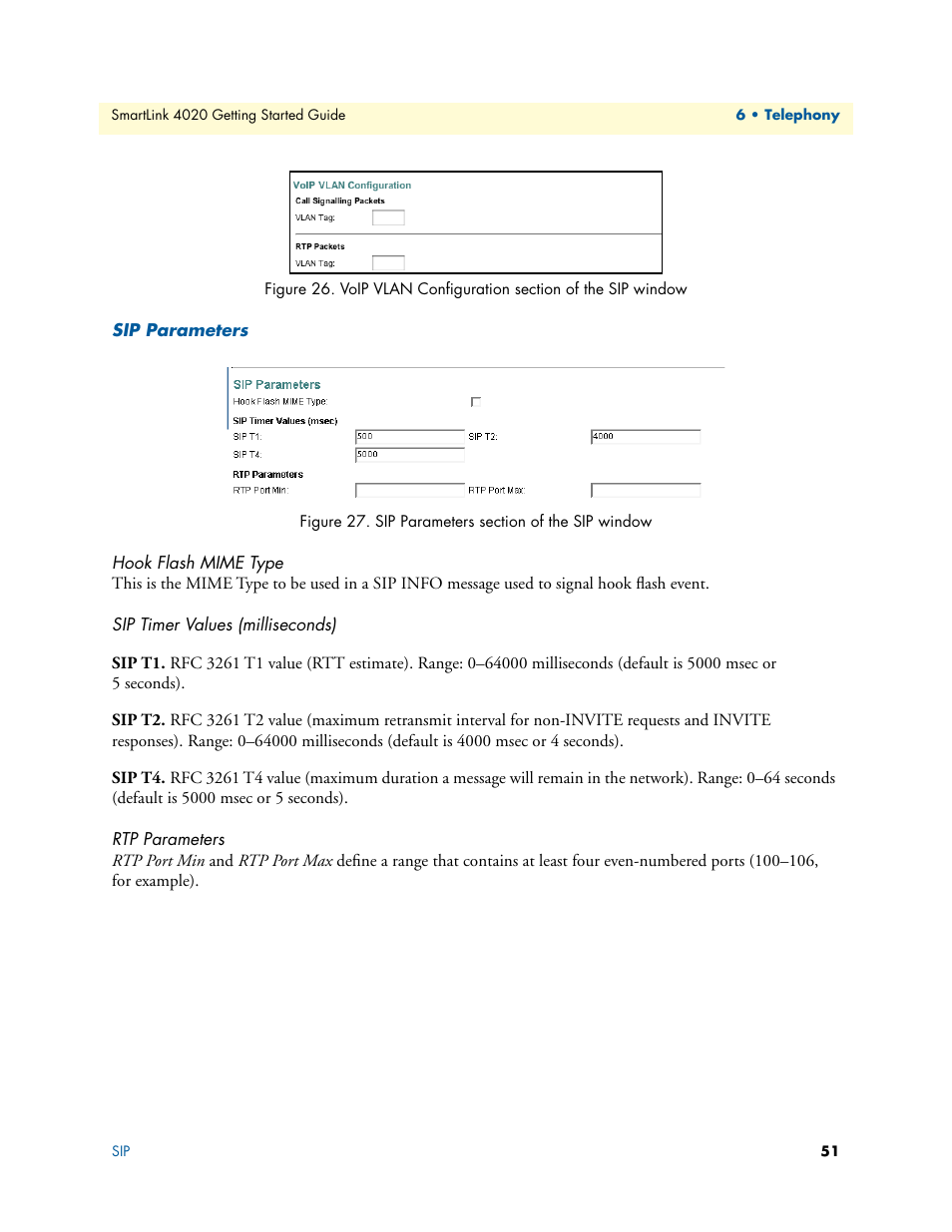 Sip parameters, Hook flash mime type, Sip timer values (milliseconds) | Rtp parameters, Sip t1, Sip t2, Sip t4, Voip vlan configuration section of the sip window, Sip parameters section of the sip window, Figure 26 | Patton electronic 4020 Series User Manual | Page 51 / 97