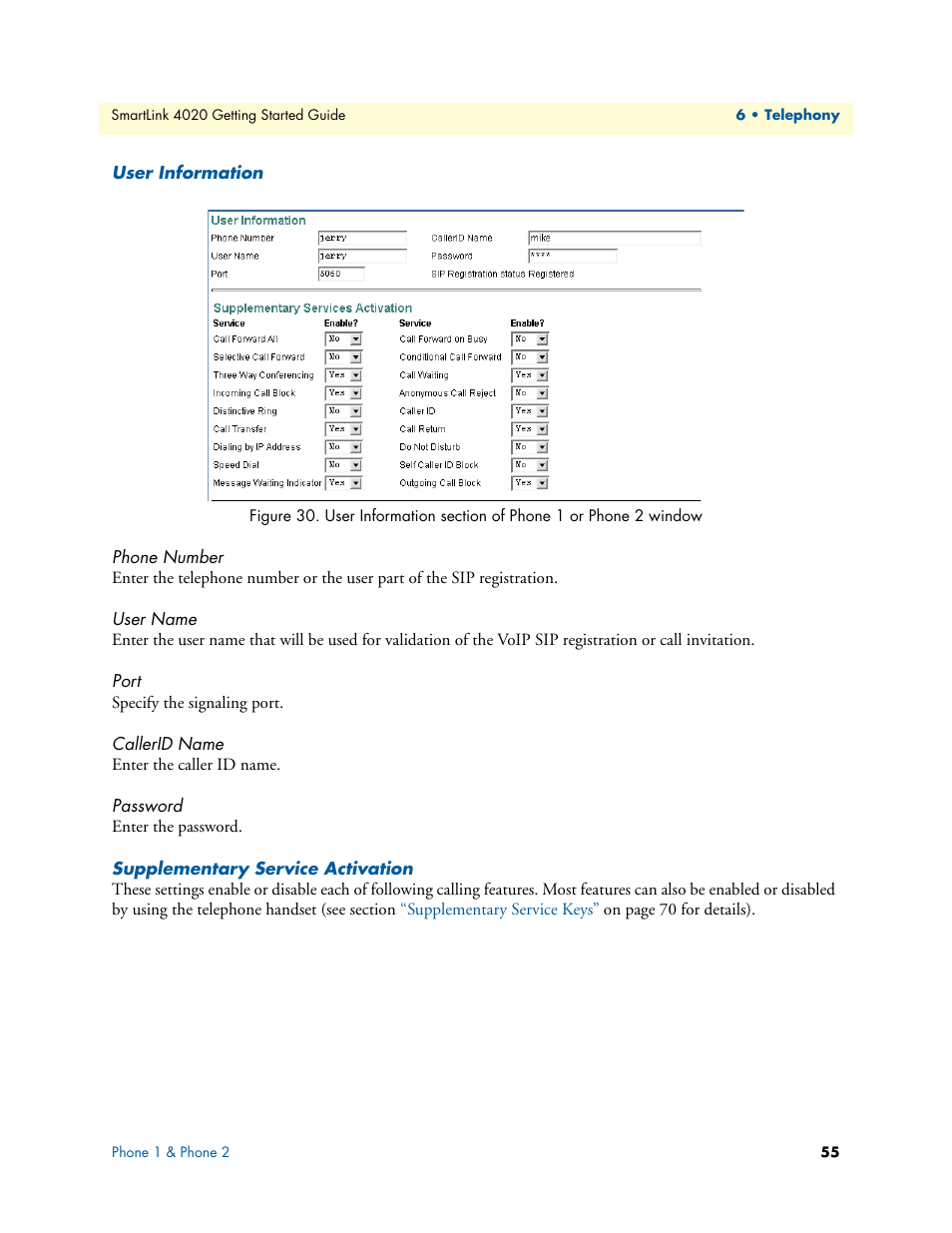 User information, Phone number, User name | Port, Callerid name, Password, Supplementary service activation, Figure 30 | Patton electronic 4020 Series User Manual | Page 55 / 97