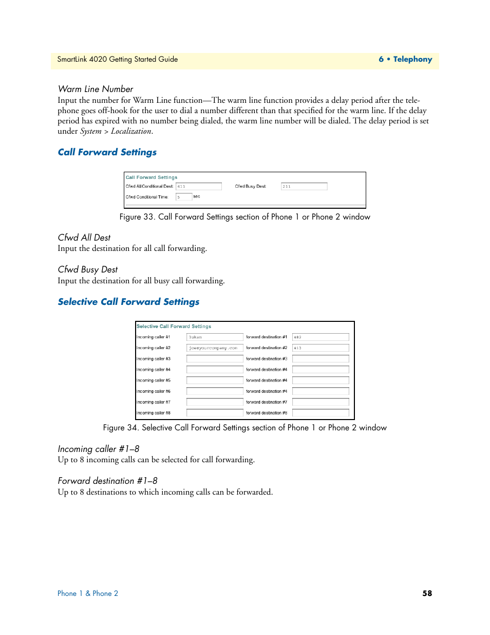 Warm line number, Call forward settings, Cfwd all dest | Cfwd busy dest, Selective call forward settings, Incoming caller #1–8, Forward destination #1–8 | Patton electronic 4020 Series User Manual | Page 58 / 97