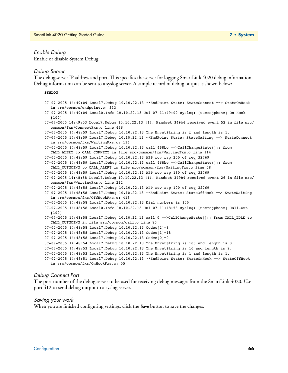 Enable debug, Debug server, Debug connect port | Saving your work, Button to save the changes | Patton electronic 4020 Series User Manual | Page 66 / 97
