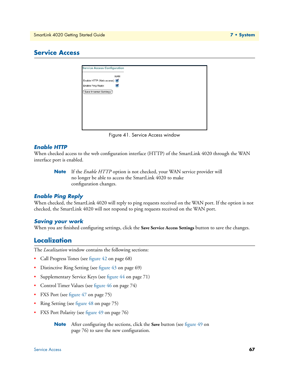 Service access, Enable http, Enable ping reply | Saving your work, Localization, Service access window | Patton electronic 4020 Series User Manual | Page 67 / 97