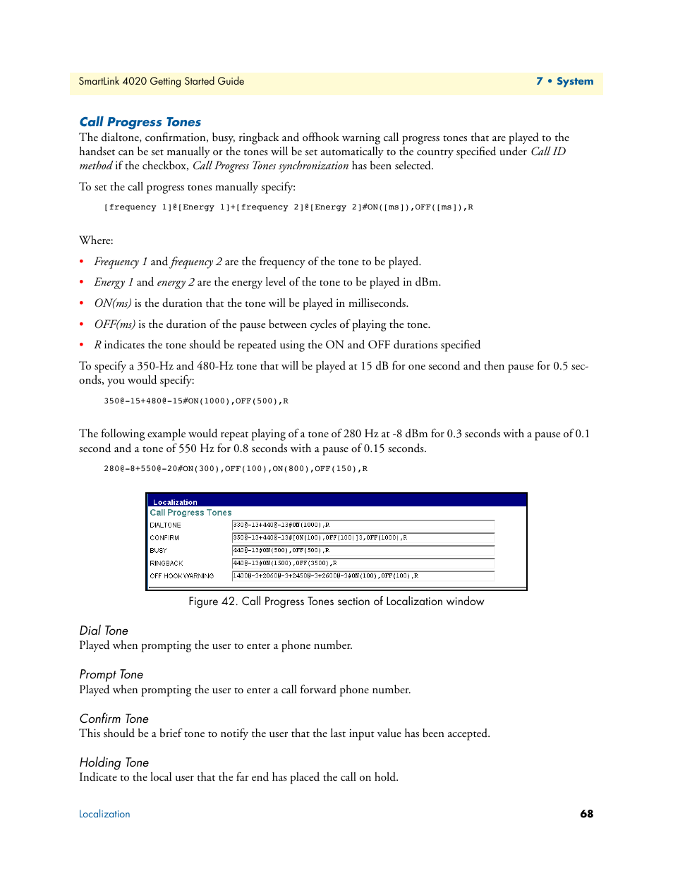 Call progress tones, Dial tone, Prompt tone | Confirm tone, Holding tone, Call progress tones section of localization window, Figure 42 | Patton electronic 4020 Series User Manual | Page 68 / 97