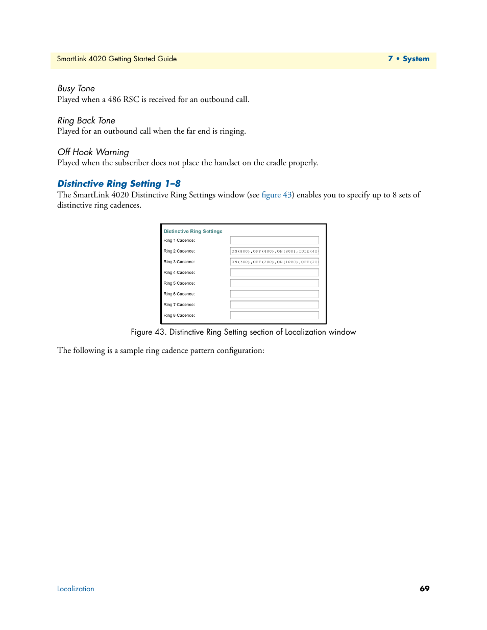 Busy tone, Ring back tone, Off hook warning | Distinctive ring setting 1–8, Figure 43 | Patton electronic 4020 Series User Manual | Page 69 / 97