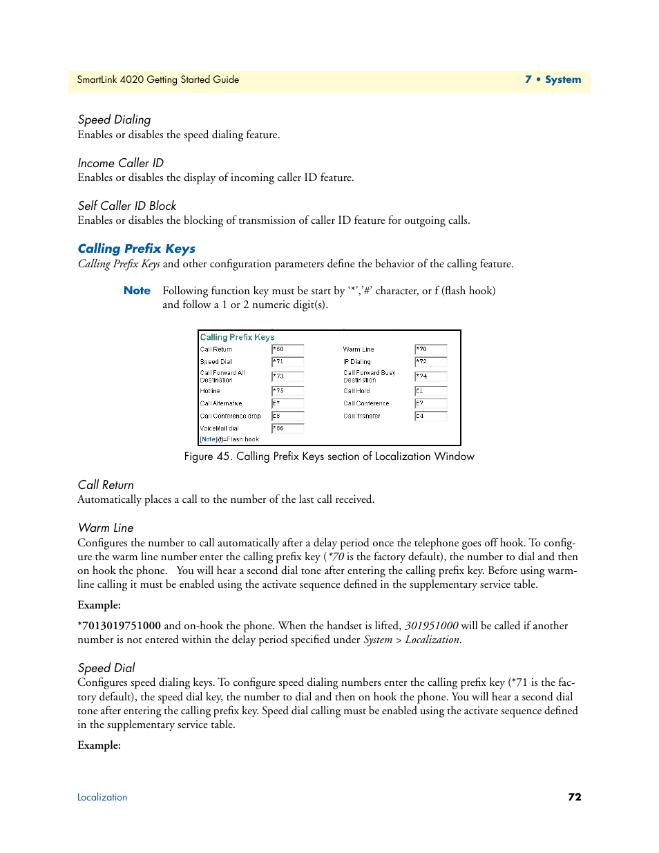 Speed dialing, Income caller id, Self caller id block | Calling prefix keys, Call return, Warm line, Speed dial, Calling prefix keys section of localization window | Patton electronic 4020 Series User Manual | Page 72 / 97