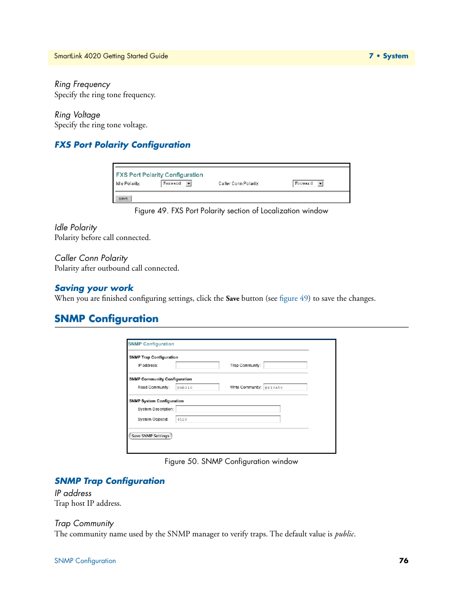 Ring frequency, Ring voltage, Fxs port polarity configuration | Idle polarity, Caller conn polarity, Saving your work, Snmp configuration, Snmp trap configuration, Ip address, Trap community | Patton electronic 4020 Series User Manual | Page 76 / 97