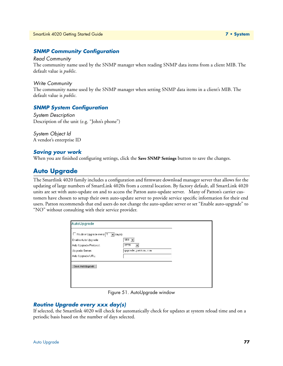 Snmp community configuration, Read community, Write community | Snmp system configuration, System description, System object id, Saving your work, Auto upgrade, Routine upgrade every xxx day(s), Autoupgrade window | Patton electronic 4020 Series User Manual | Page 77 / 97